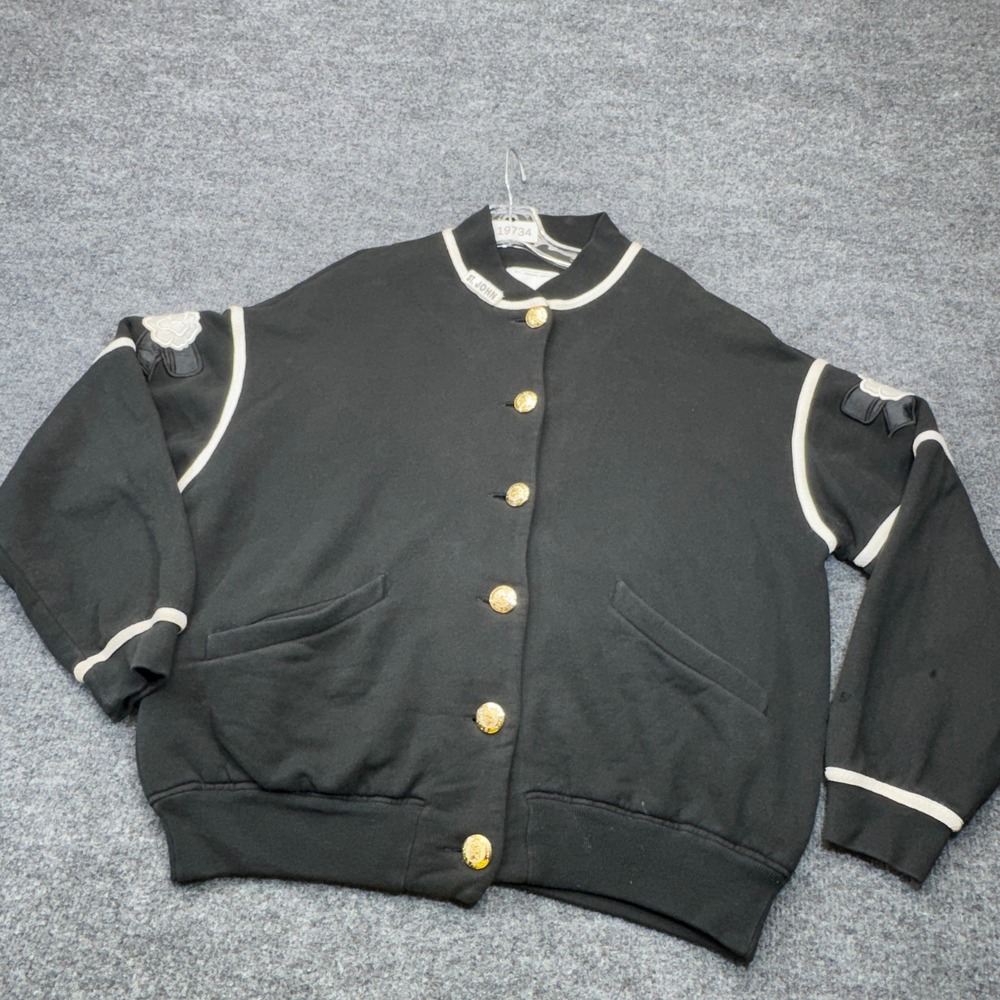 St. John Sport Bomber Jacket Womens L Black Gold Button Camellia Floral Vintage